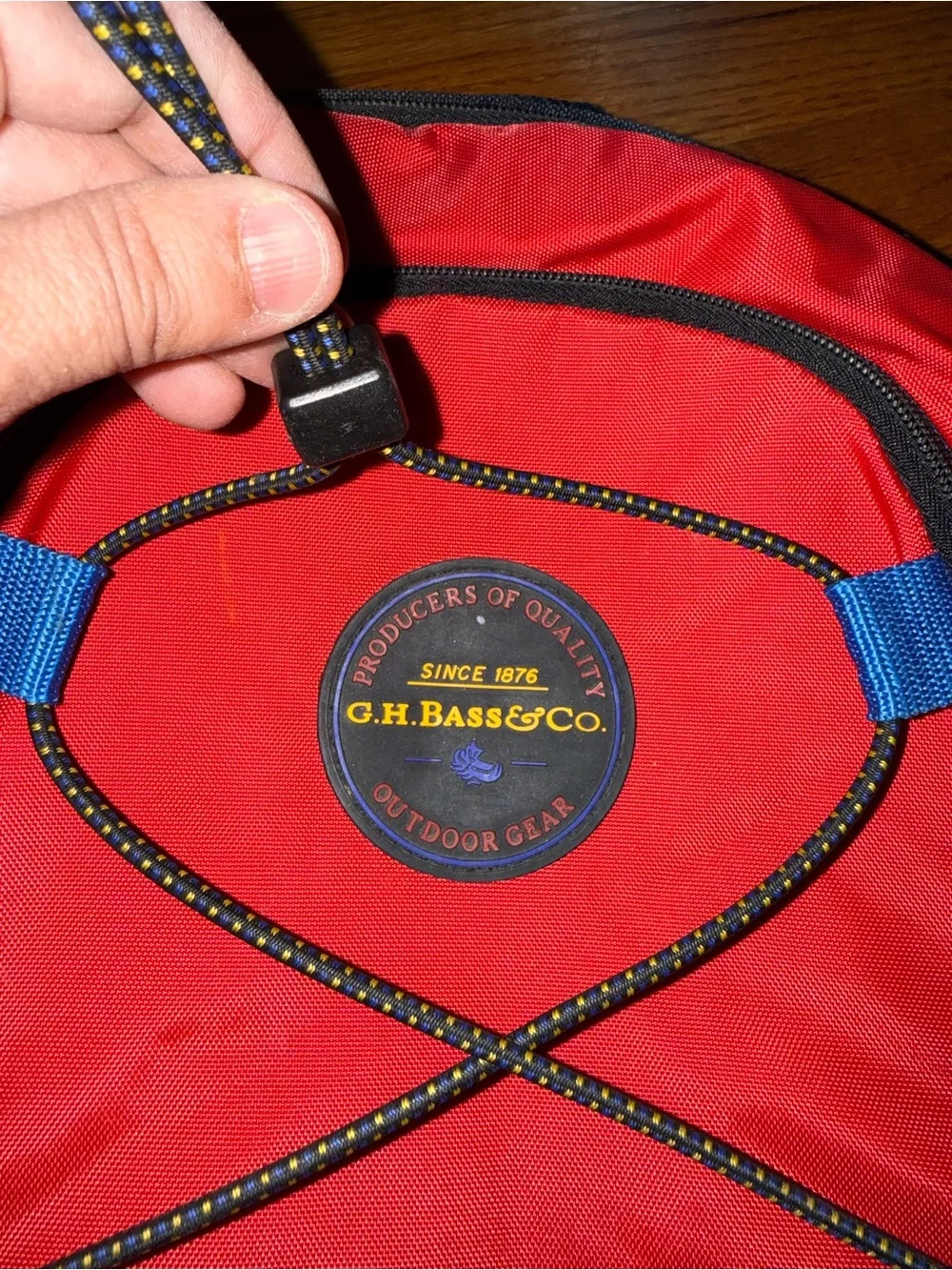 Vintage outdoor daypack from G.H. Bass & Co. a classic tricolor red blue design